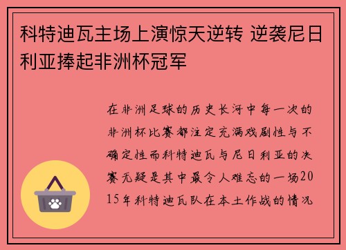 科特迪瓦主场上演惊天逆转 逆袭尼日利亚捧起非洲杯冠军