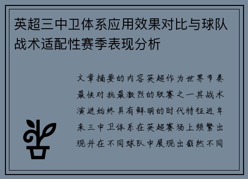 英超三中卫体系应用效果对比与球队战术适配性赛季表现分析
